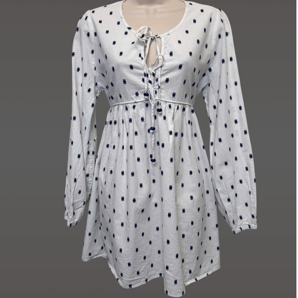 Tyler Boe Courtney Clip Dot A-Line Mini Dress S White Blue Embroidery Boho